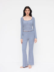 Square Neck Stripe Lettuce Trim Top & Low Rise Flared Trousers Loungewear Set