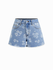 Cider Stretch Denim Mid Rise Floral Raw Hem Micro Shorts