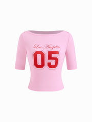05 Graphic Cotton-blend Boat Neck Mid-length Sleeve Tee