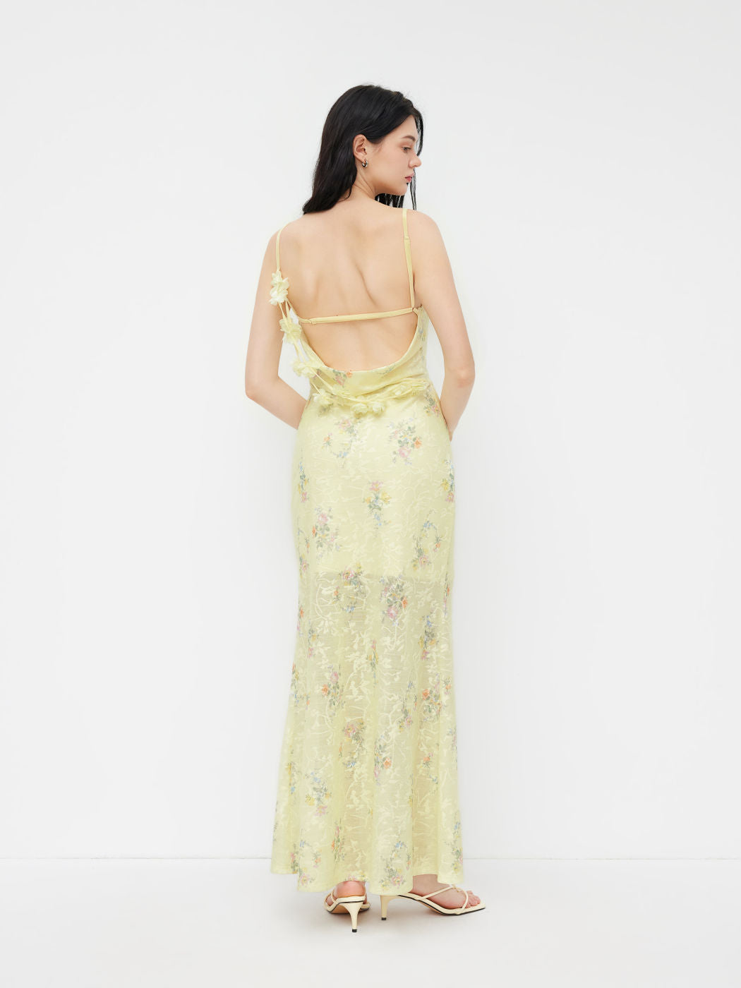 Mesh Cowl Neck 3D Floral Mermaid Maxi Dress