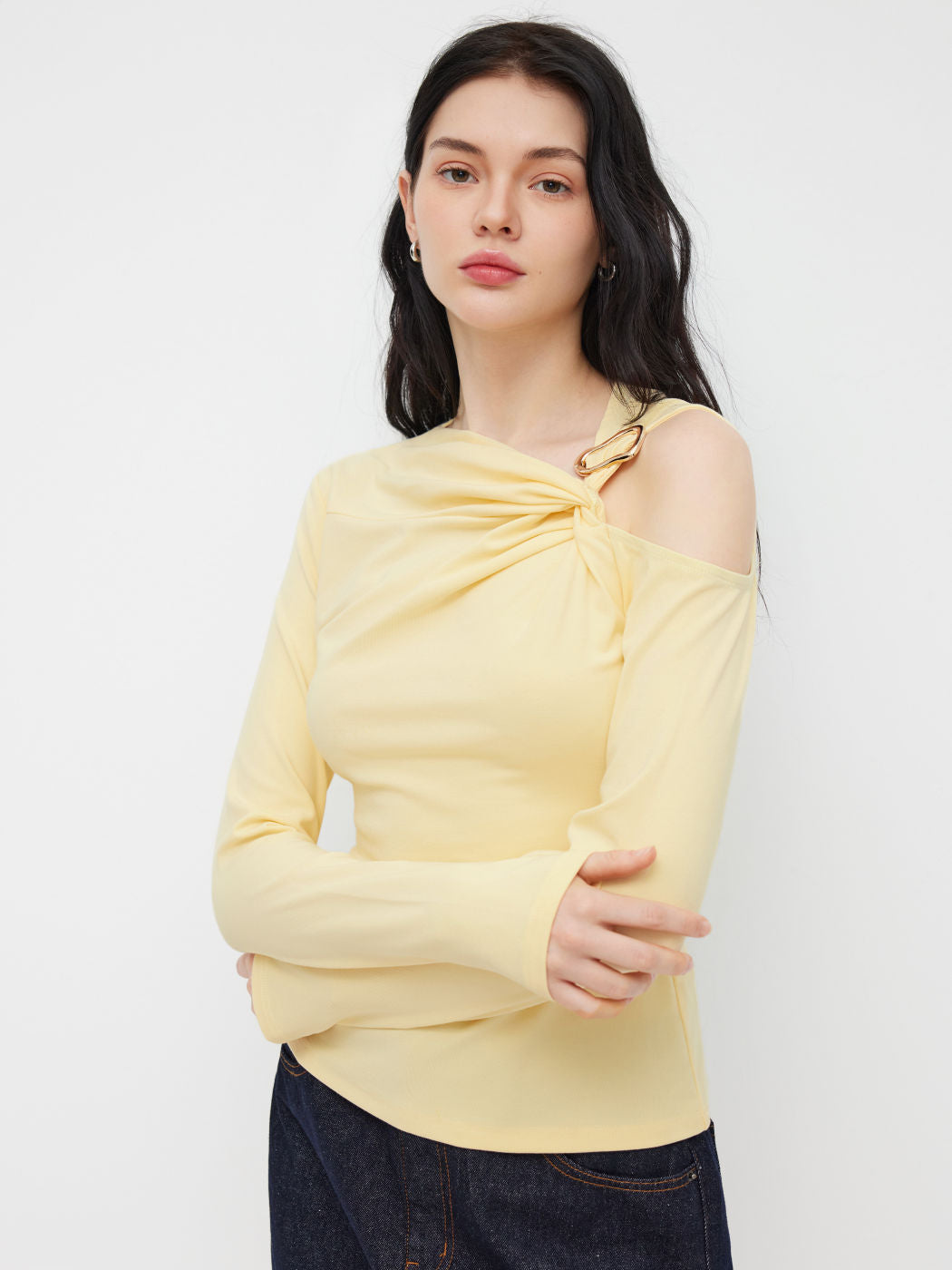 Cotton-blend Asymmetrical Neck Metal Detail Twist Top