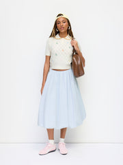 Cotton High Rise Stripe Texture Bubble Hem Midi Skirt