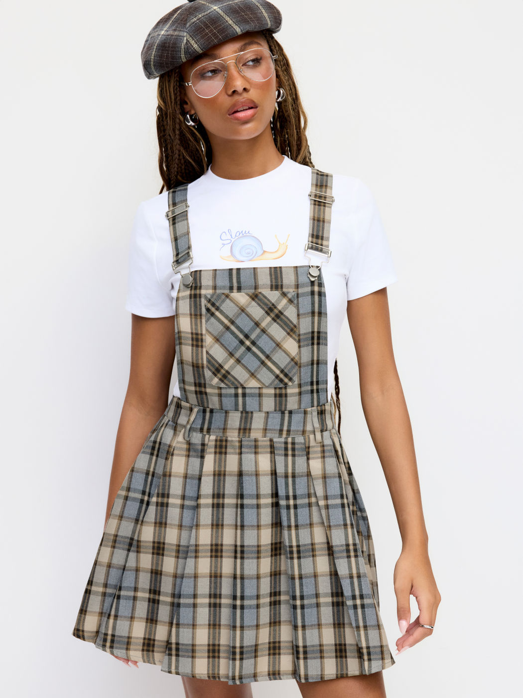 Square Neck Plaid Buckle Pleated Pinafore Mini Dress