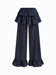 Denim Mid Rise Layered Ruffle Hem Wide Leg Jeans