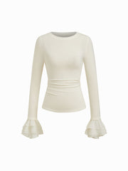 Round Neckline Ruched Bell Sleeve Tee