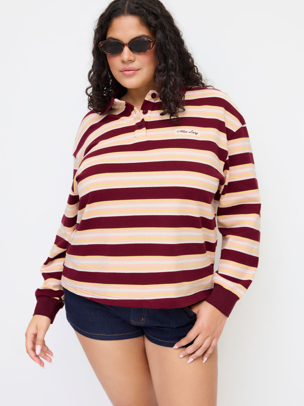 100% Cotton Stripe Polo Neck Long Sleeve Oversized Sweatshirt Curve & Plus