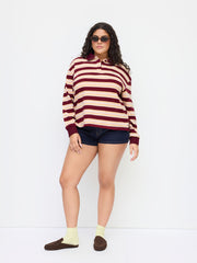100% Cotton Stripe Polo Neck Long Sleeve Oversized Sweatshirt Curve & Plus