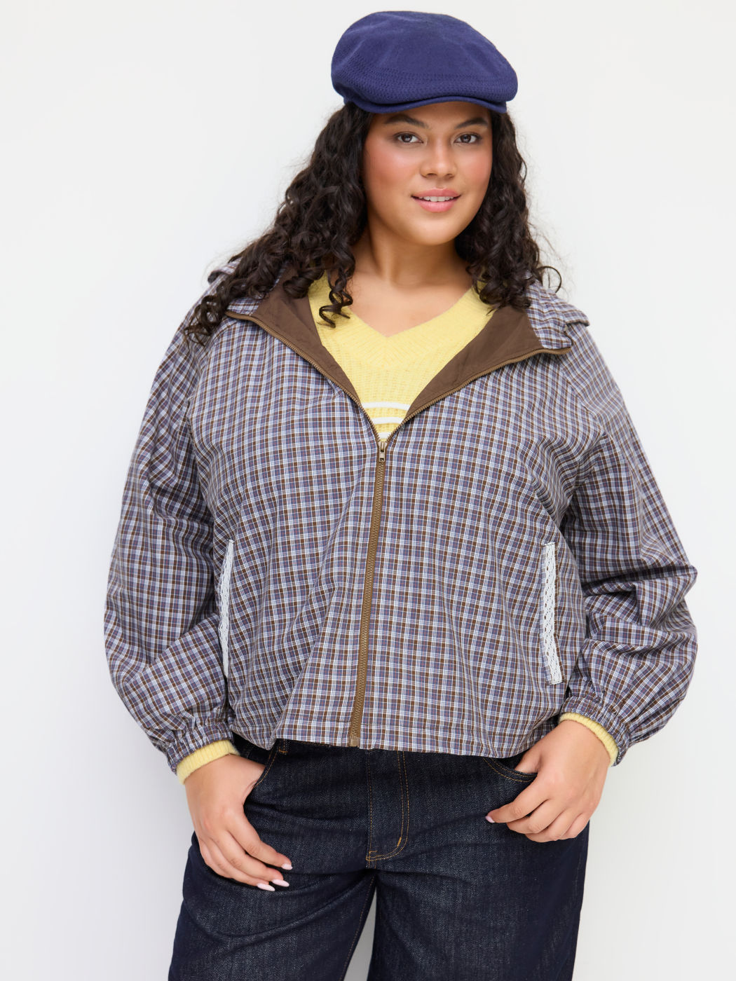 Cotton Hooded Tartan Long Sleeve Drawstring Oversized Jacket Curve & Plus