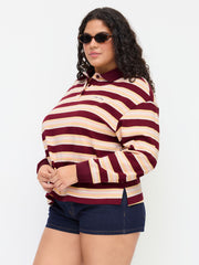 100% Cotton Stripe Polo Neck Long Sleeve Oversized Sweatshirt Curve & Plus