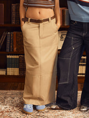 Cotton-blend Mid Rise Split Maxi Skirt With Belt
