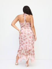 Halter Neckline Floral Ruched Lace Trim Ruffle Maxi Dress Curve & Plus