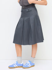 Cotton-blend Low Rise Houndstooth Pleated Midi Skirt