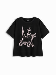 Cotton-blend Round Neckline Cat Graphic Oversized Tee Curve & Plus