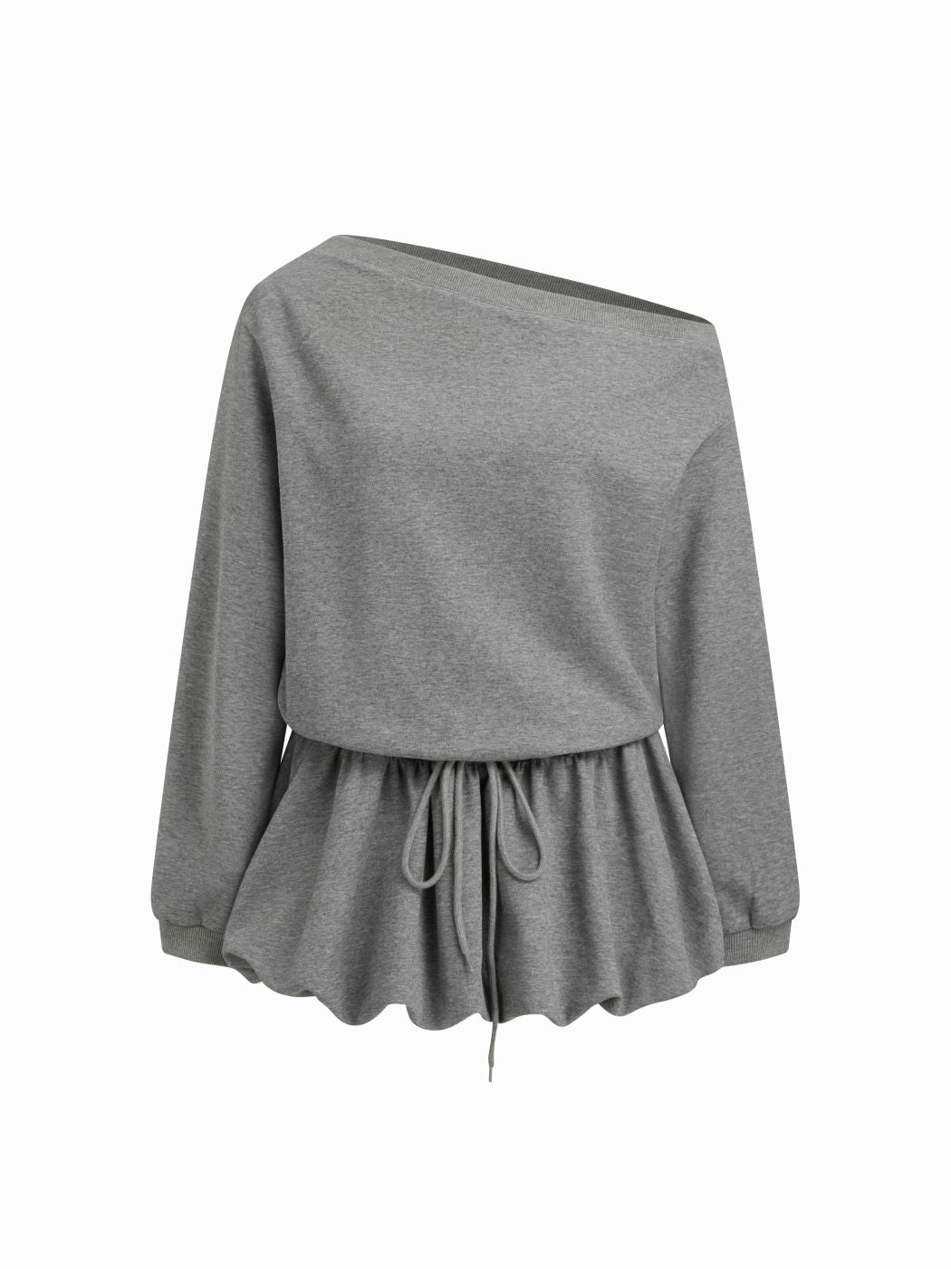 Cotton-blend Asymmetrical Neck Long Sleeve Knotted Bubble Hem Mini Dress