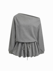 Cotton-blend Asymmetrical Neck Long Sleeve Knotted Bubble Hem Mini Dress