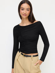 Asymmetrical Neckline Long Sleeve Ruched Tee