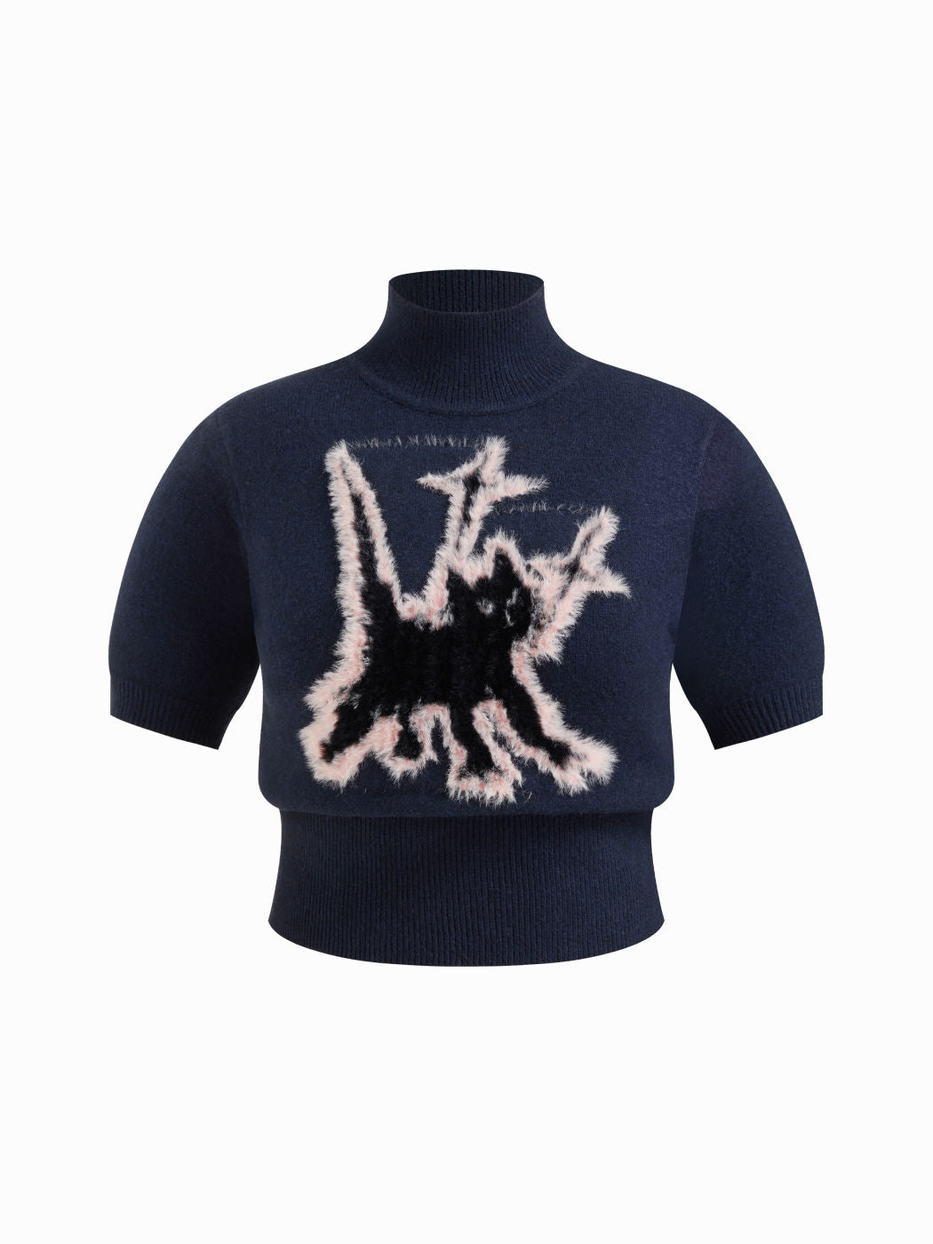 Knit Wool-blend Cat Graphic High Neck Short Sleeve Top Curve & Plus