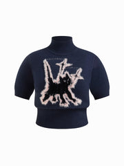 Knit Wool-blend Cat Graphic High Neck Short Sleeve Top Curve & Plus