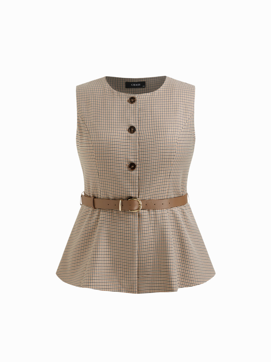Round Neckline Houndstooth Blazer Vest With Belt Curve & Plus