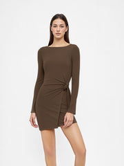 Boat Neck Solid Knotted Wrap Long Sleeve Mini Dress