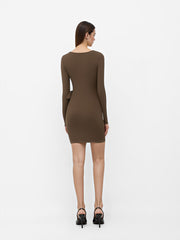 Boat Neck Solid Knotted Wrap Long Sleeve Mini Dress