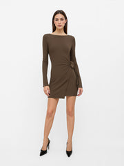 Boat Neck Solid Knotted Wrap Long Sleeve Mini Dress