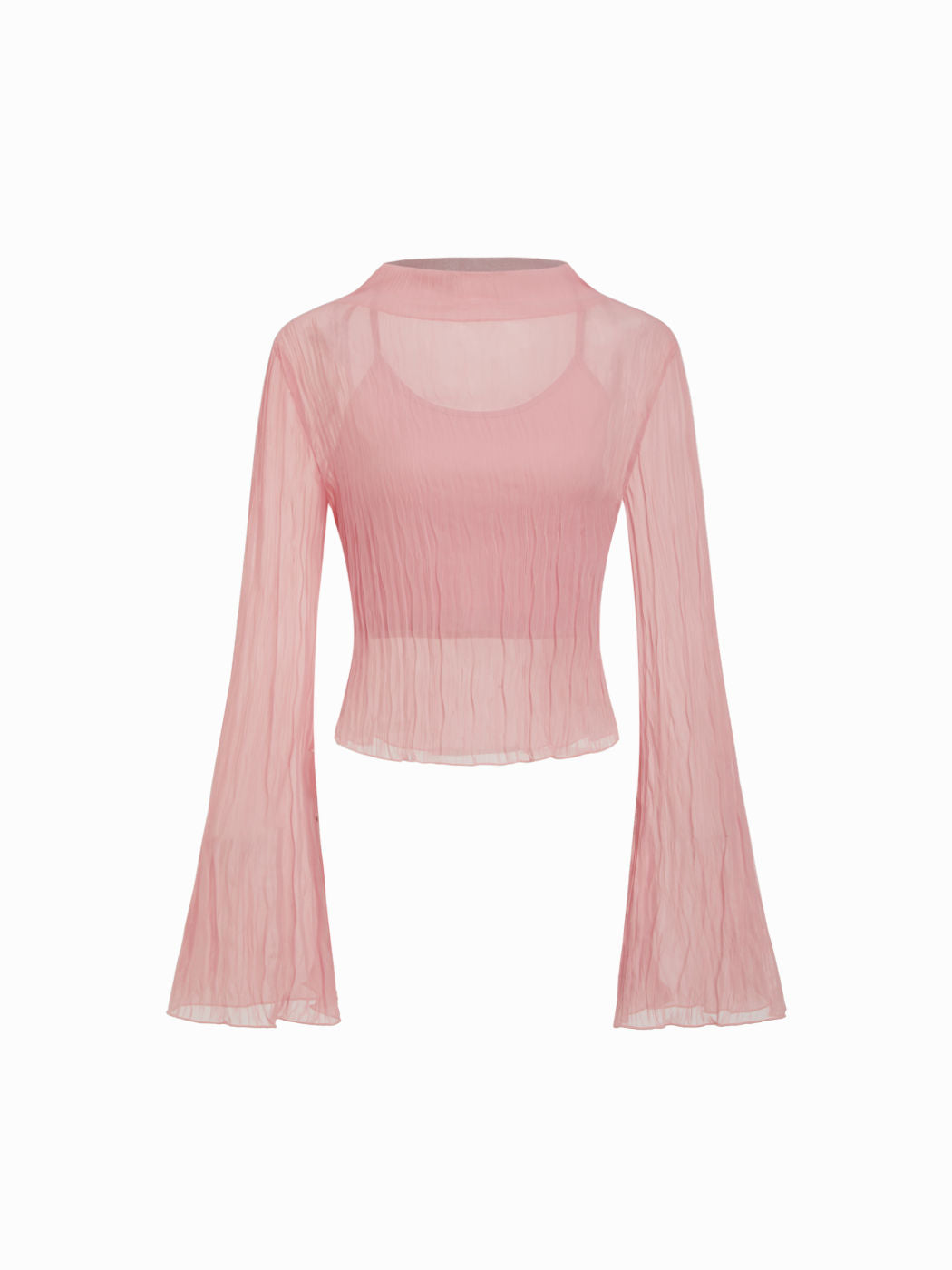 Two Piece Texture Stand Collar Flare Sleeve See-through Blouse & Cami Top