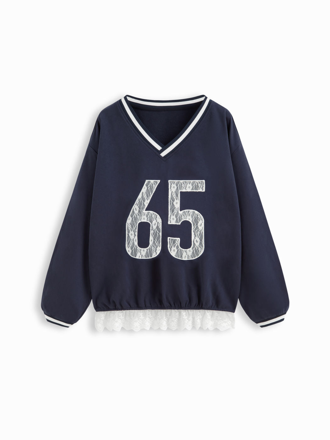 65 Cotton-blend V-neck Long Sleeve Contrasting Lace Oversized Sweatshirt