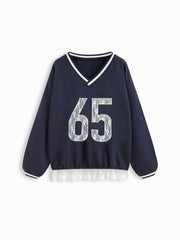 65 Cotton-blend V-neck Long Sleeve Contrasting Lace Oversized Sweatshirt