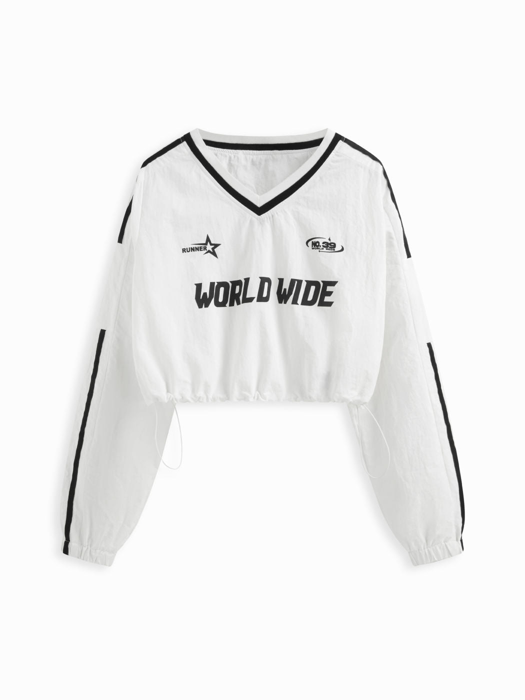 World Wide V-neck Long Sleeve Contrasting Binding Drawstring Crop Sweatshirt