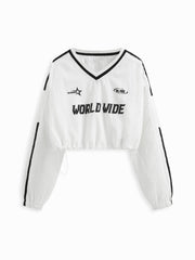World Wide V-neck Long Sleeve Contrasting Binding Drawstring Crop Sweatshirt