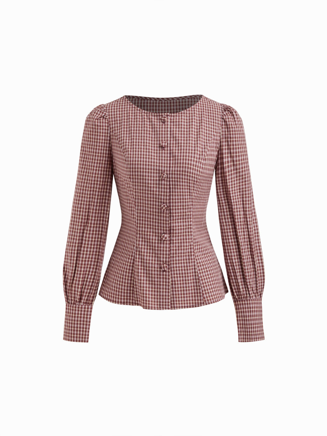 Plaid Round Neckline Long Sleeve Button Cinched Waist Blouse