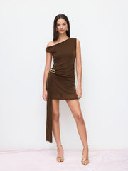 Mesh Asymmetrical Neck Glitter Draped Metal Detail Mini Dress