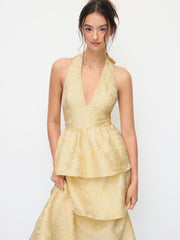 Jacquard Floral Halter V-neck Lace Up Backless Layered Maxi Dress