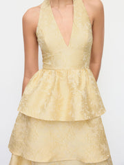 Jacquard Floral Halter V-neck Lace Up Backless Layered Maxi Dress
