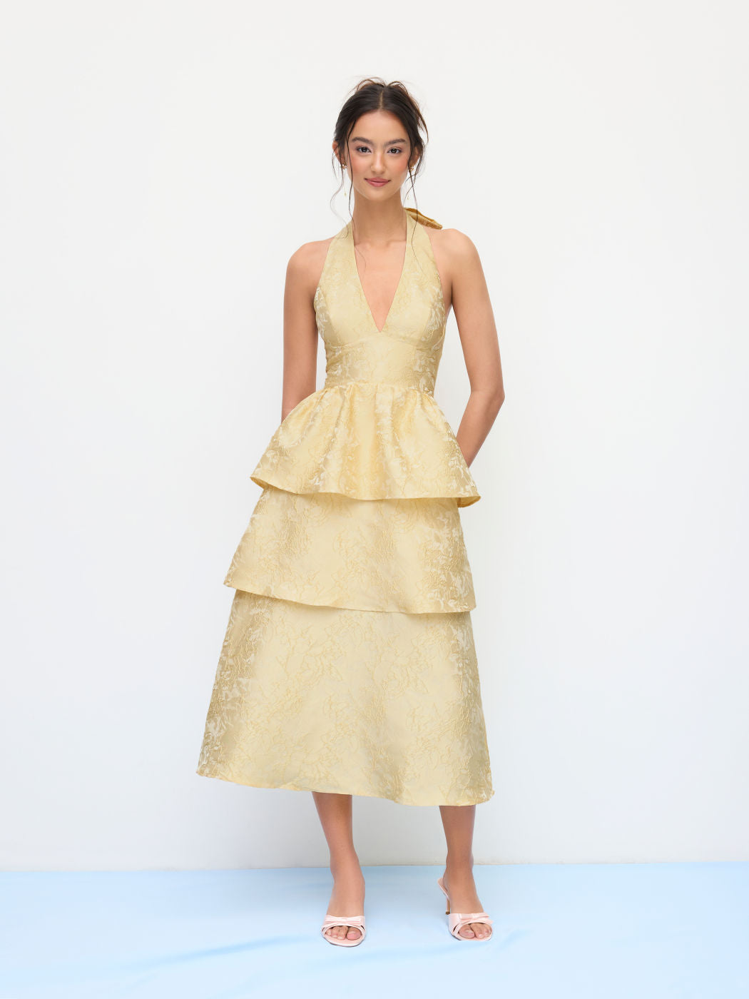 Jacquard Floral Halter V-neck Lace Up Backless Layered Maxi Dress