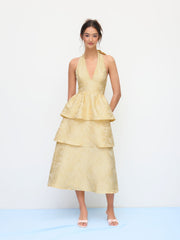Jacquard Floral Halter V-neck Lace Up Backless Layered Maxi Dress