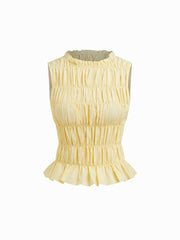 Cotton-blend Round Neckline Shirred Tank Top