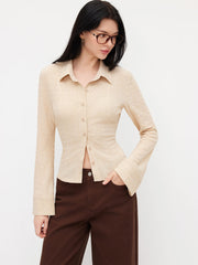 Texture Collar Long Sleeve Button Top