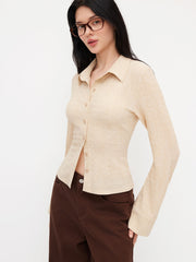 Texture Collar Long Sleeve Button Top