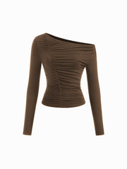 Asymmetrical Neckline Long Sleeve Ruched Tee