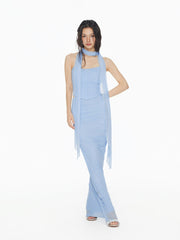 Mesh Halter Neckline Crop Bandeau Top & High Rise Ruched Mermaid Maxi Skirt Set