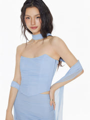 Mesh Halter Neckline Crop Bandeau Top & High Rise Ruched Mermaid Maxi Skirt Set