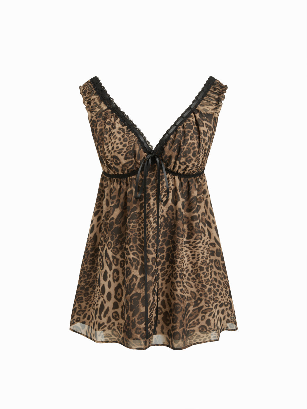 V-neck Leopard Drawstring Lace Trim Nightdress