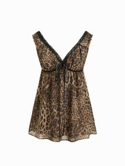 V-neck Leopard Drawstring Lace Trim Nightdress