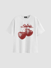Cotton-blend Round Neckline Bowknot Cherry Graphic Oversized Tee
