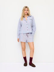 100% Cotton Collar Stripe Oversized Top & Mid Rise Check Drawstring Shorts Loungewear Set