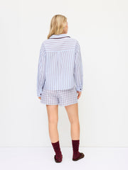 100% Cotton Collar Stripe Oversized Top & Mid Rise Check Drawstring Shorts Loungewear Set