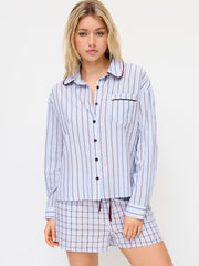 100% Cotton Collar Stripe Oversized Top & Mid Rise Check Drawstring Shorts Loungewear Set