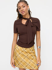 Stand Collar Knotted Ruched Short Sleeve Tee